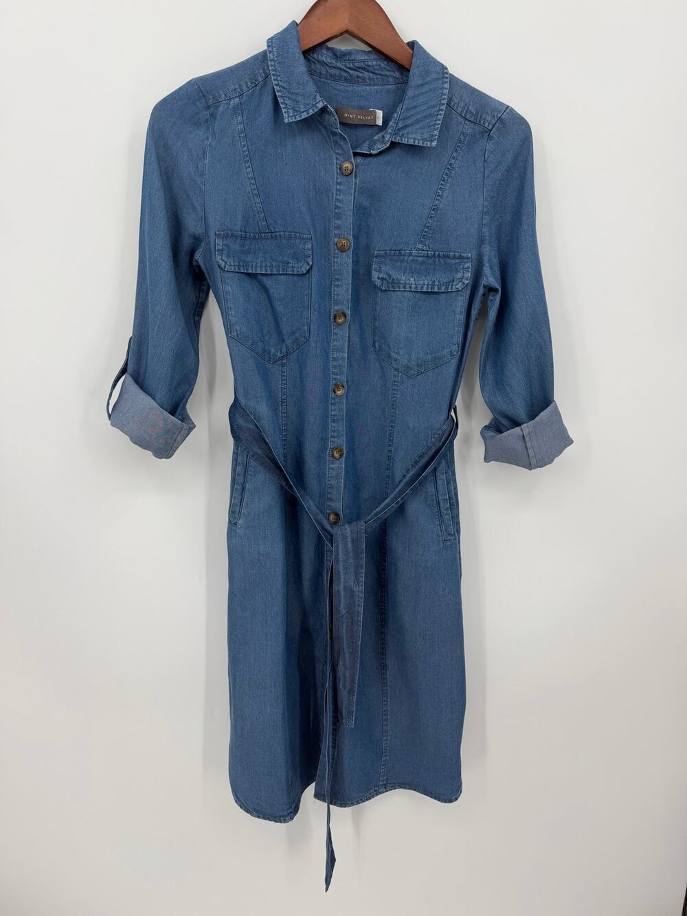 Mint Velvet Blue Chambray Belted Shirt Dress Lyocell Utility Button Front US 2